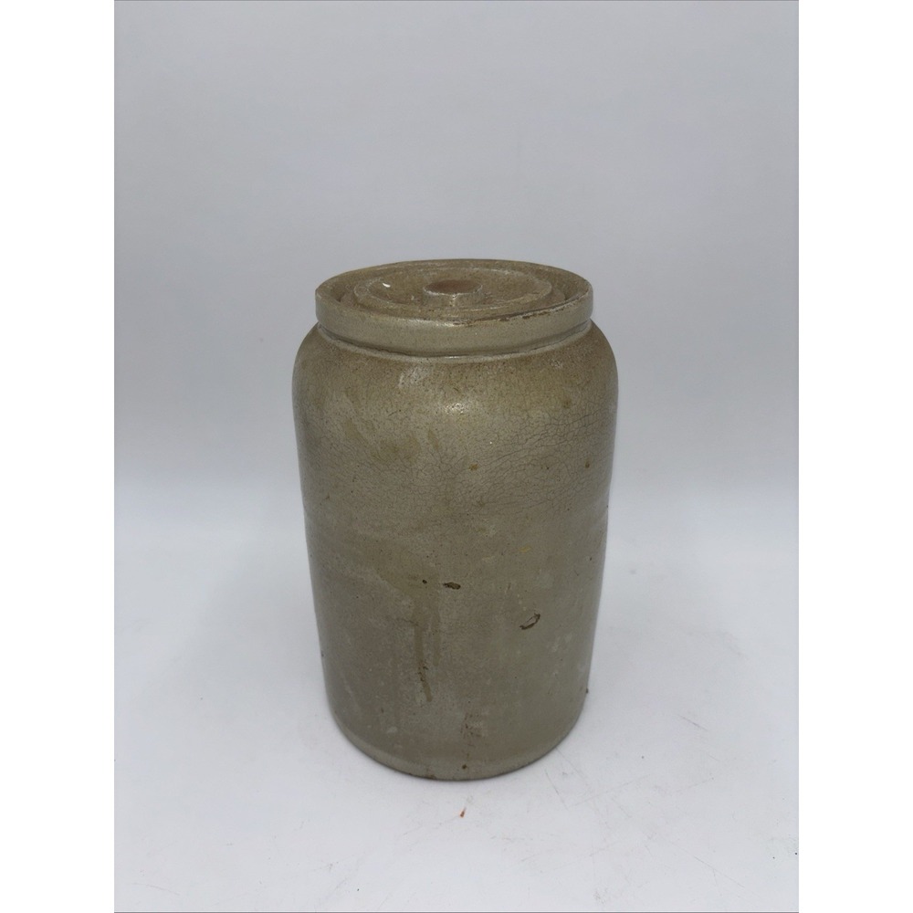 Antique Primitive Salt Glaze Stoneware Crock With Lid 9 Inches Tall